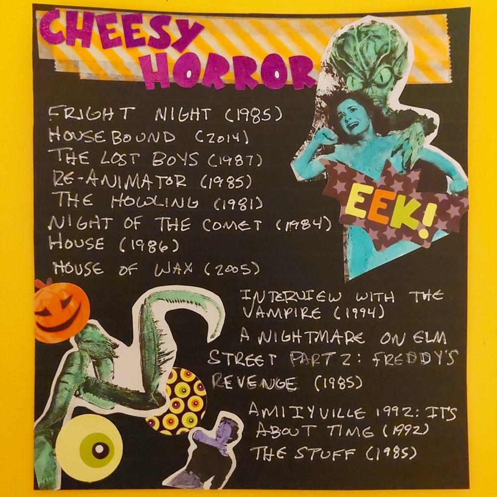 a list of cheesy horror films with 1950s creature feature images pasted on the sides
