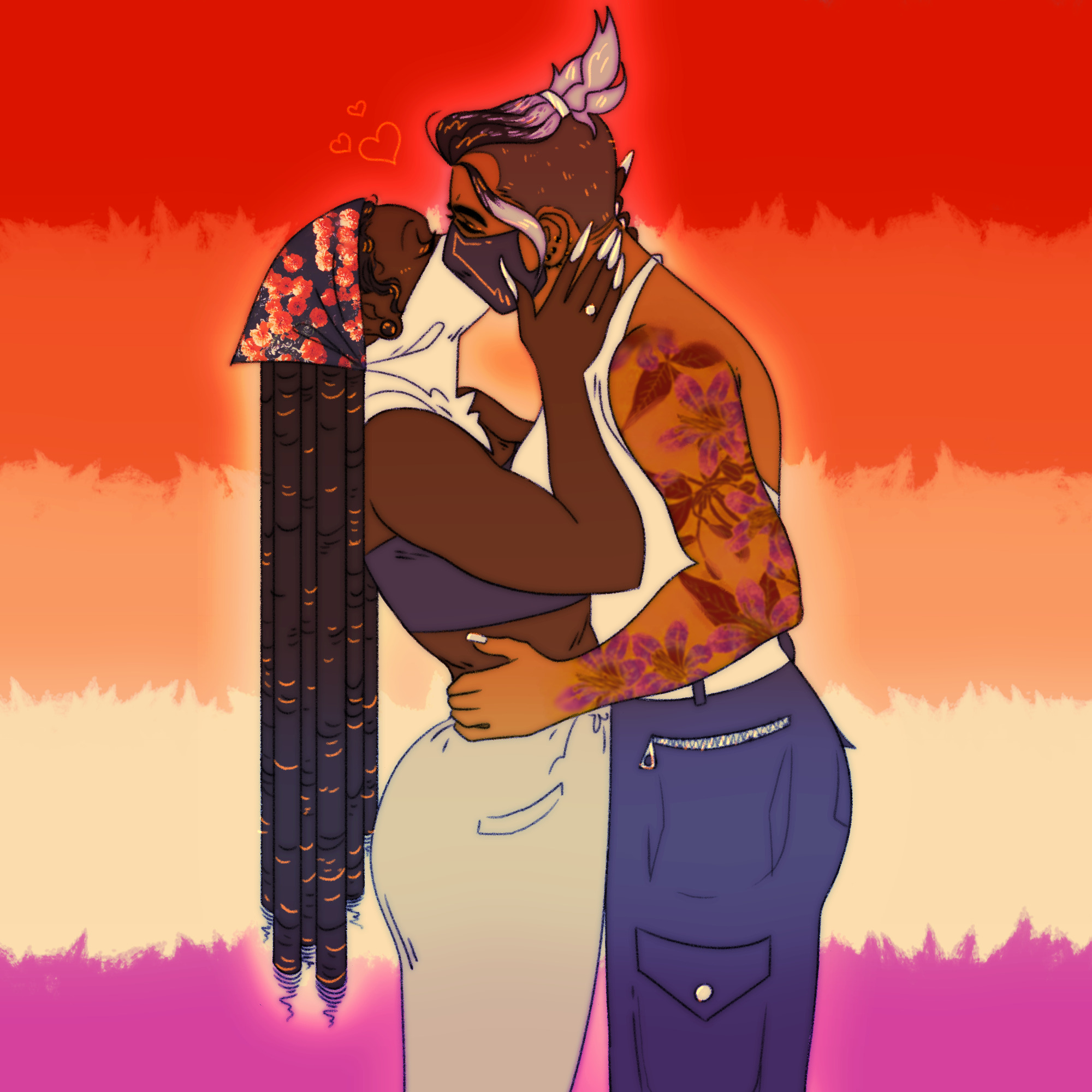 illustration of two women, one femme and one stud, kissing each other. the background is the lesbian flag